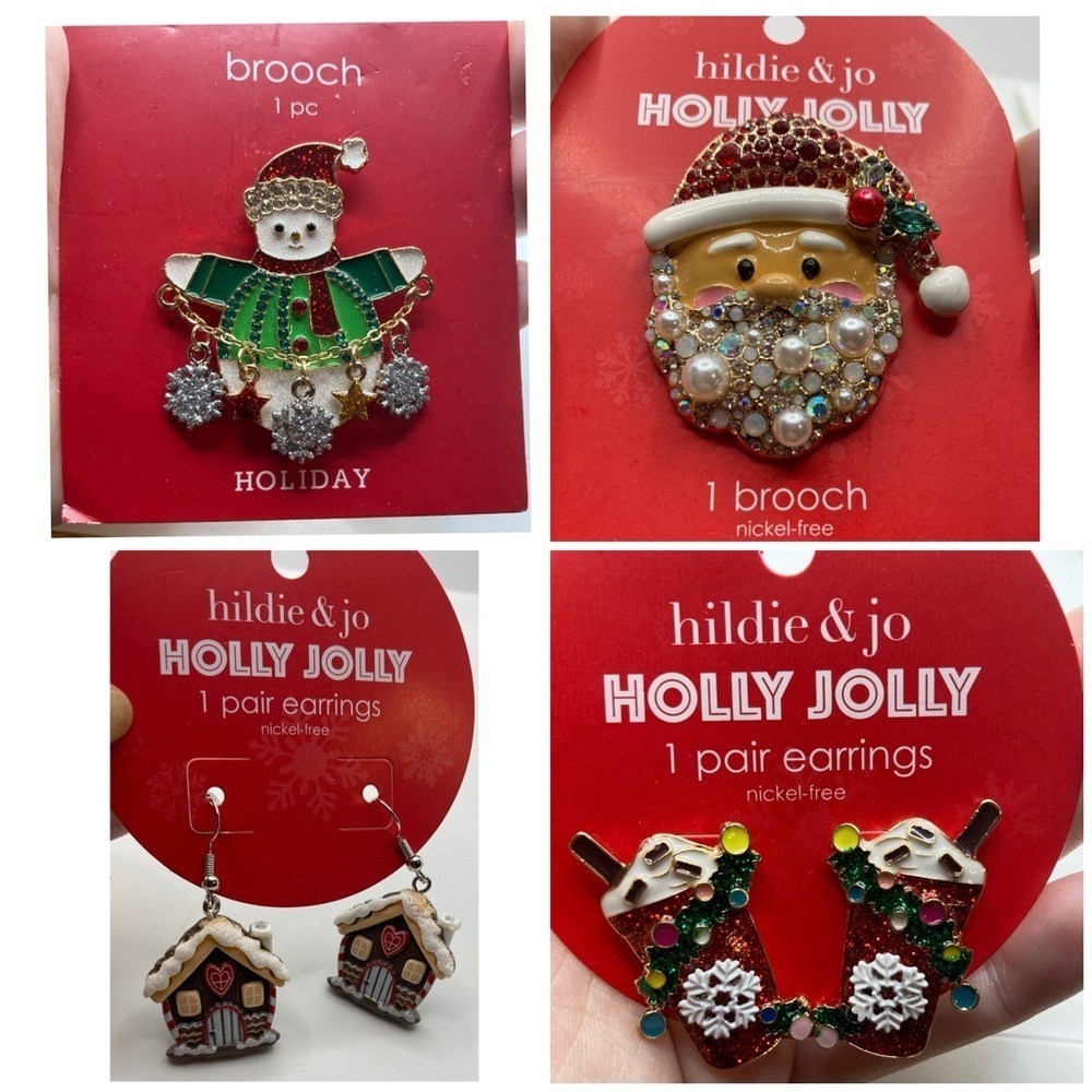 HILDIE & JO LOT of 4 Christmas Jewelry Pieces 2 Pair Earrings & 2 Brooches NWT
